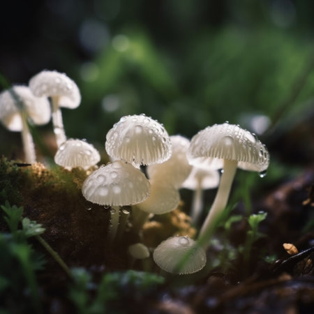 A group of white mushrooms sitting on top of a forest. Generative AI image.の素材