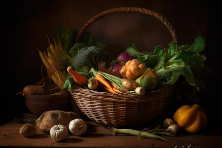 A wicker basket filled with lots of different types of vegetables. AI generative imageの素材