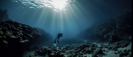 A person swimming in the ocean with sun shining through the water. AI generative imageの素材