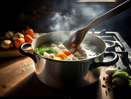 A pot of soup with a wooden spoon in it. AI generative imageの素材