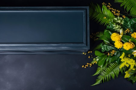 A picture frame sitting on top of a table next to a bunch of flowers. AI generative imageの素材