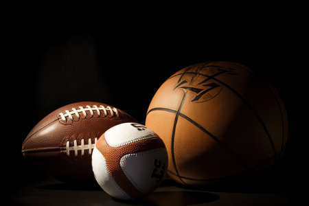 Three different sports balls on a black background. AI generative imageの素材