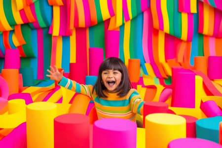 A little girl standing in front of a colorful wall. AI generative imageの素材