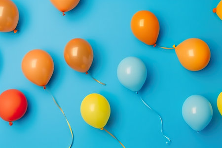 A group of orange and yellow balloons on a blue background. AI generative imageの素材