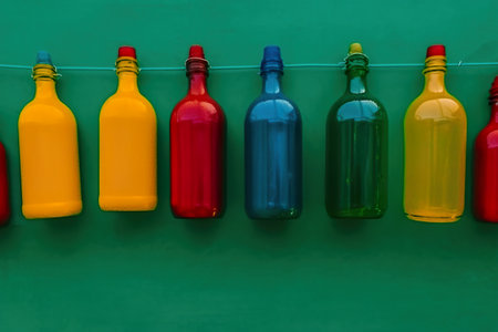 A row of colorful bottles sitting on top of a green wall. AI generative imageの素材