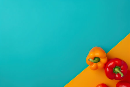 A group of peppers sitting on top of a yellow and blue table. AI generative imageの素材