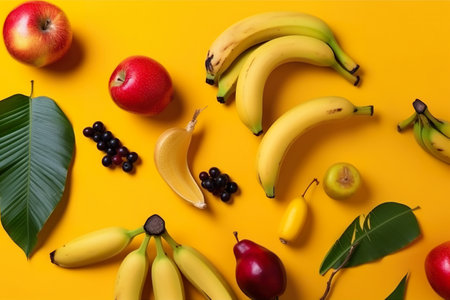 A variety of fruits are arranged on a yellow surface. AI generative imageの素材
