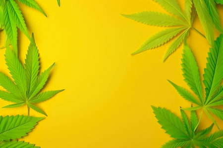 A bunch of green leaves on a yellow background. AI generative image . A lot of copy space.の素材