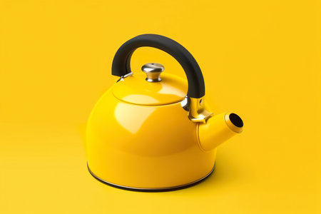 A yellow tea kettle with a black handle. AI generative image . A lot of copy space.の素材