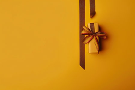 A gift wrapped in brown paper with a bow. AI generative image . A lot of copy space.の素材
