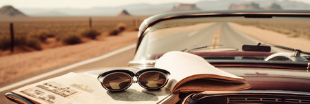 A car with a book and sunglasses on the dashboard. AI generative imageの素材