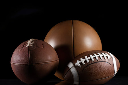 Three different types of sports balls on a black background. AI generative imageの素材