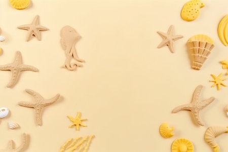 Various sea shells and starfish on a beige background. AI generative imageの素材