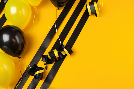 Black and yellow balloons and streamers on a yellow background. AI generative imageの素材