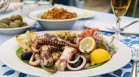A plate of food on a table with a glass of wine. AI generative imageの素材