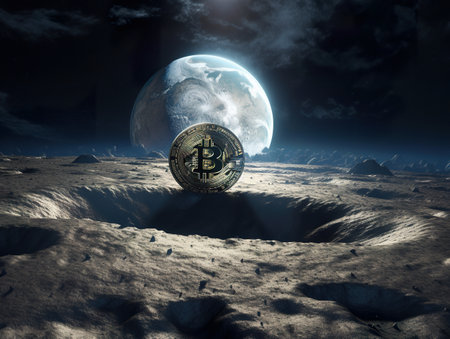 A bitcoin sitting on the surface of the moon. AI generative imageの素材