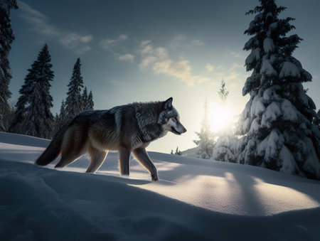 A lone wolf walking through a snowy forest. AI generative imageの素材