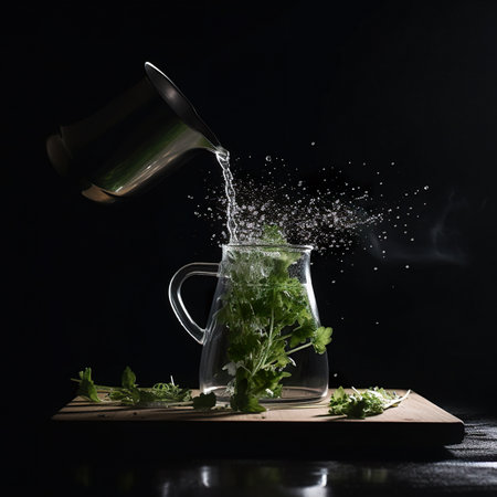 A pitcher of water pouring into a glass filled with greens. AI generative imageの素材