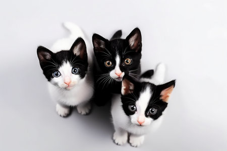 Three black and white kittens looking up at the camera. AI generative imageの素材