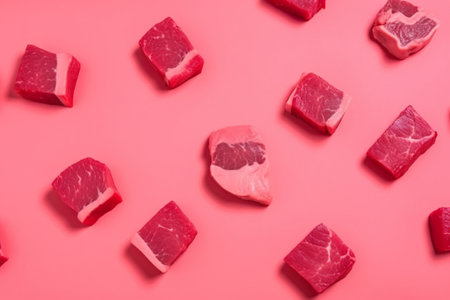 Pieces of raw meat on a pink background. AI generative imageの素材