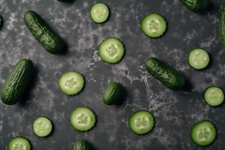 Cucumbers are arranged on a gray surface. AI generative imageの素材