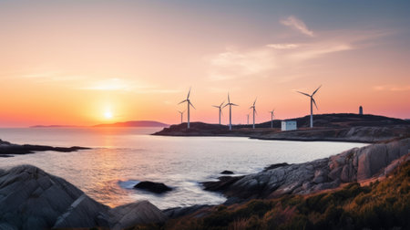 A group of wind turbines sitting on top of a rocky beach. AI generative image.の素材