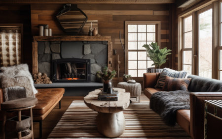A living room filled with furniture and a fire place. AI generative image.の素材