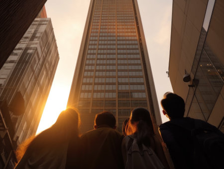 A group of people standing in front of a tall building. AI generative image.の素材