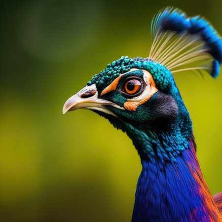 A close up of a peacocks head with a green background. AI generative image.の素材