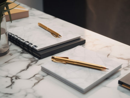 A desk with a notebook, pen and notebook on it. AI generative image.の素材