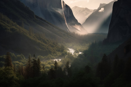 A valley with a river running through it. AI generative image.の素材