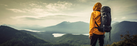 A person with a backpack standing on top of a mountain. AI generative image.の素材