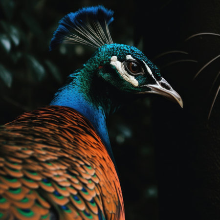 A close up of a peacocks head with a black background. AI generative image.の素材