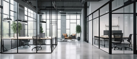 An office with a lot of glass walls. AI generative image.の素材