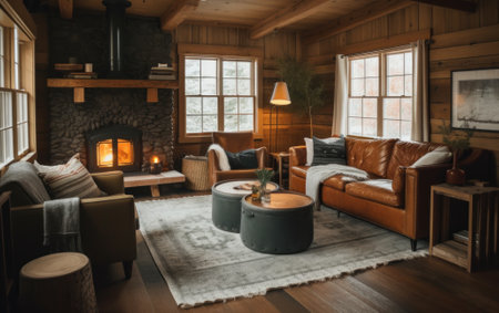 A living room filled with furniture and a fire place. AI generative image.の素材