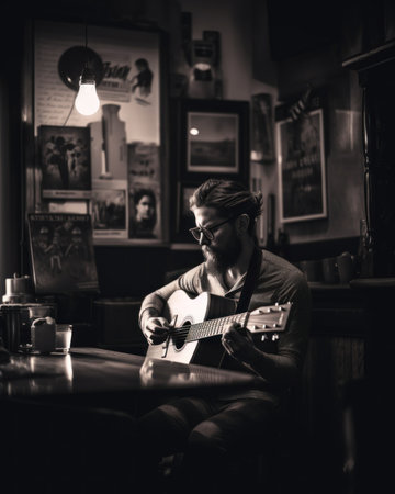 A man sitting at a table playing a guitar. AI generative image.の素材