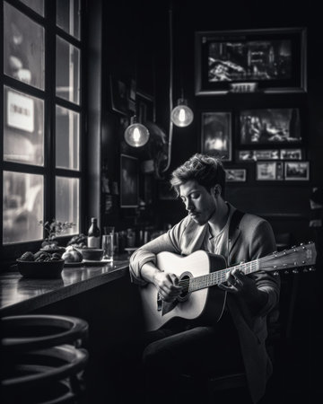 A man playing a guitar in a dark room. AI generative image.の素材