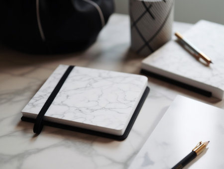 Two notebooks and a pen sitting on a table. AI generative image.の素材
