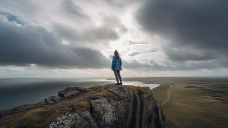 A woman standing on top of a cliff overlooking the ocean. AI generative image.の素材