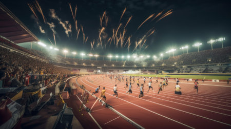 A stadium filled with lots of people on top of a track. AI generative image.の素材