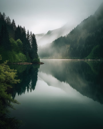 A body of water surrounded by trees on a foggy day. AI generative image.の素材