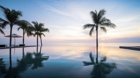 A pool with palm trees in the water. AI generative image.の素材
