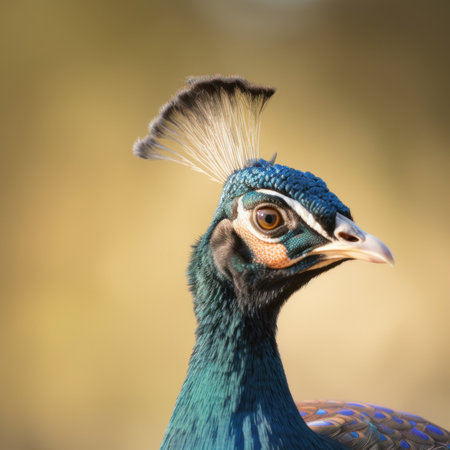 A close up of a peacocks head with a blurry background. AI generative image.の素材