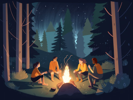 A group of people sitting around a campfire. AI generative image.の素材
