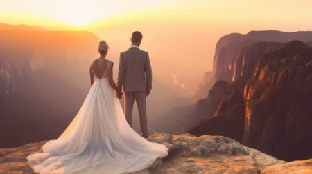 A bride and groom standing on top of a mountain. AI generative image.の素材