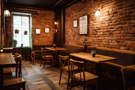 A restaurant with a brick wall and wooden tables. AI generative image.の素材