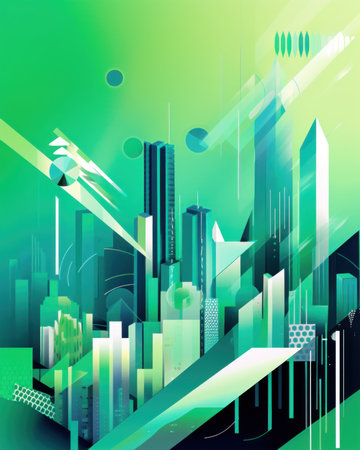 A city with a plane flying over it. AI generative image.の素材