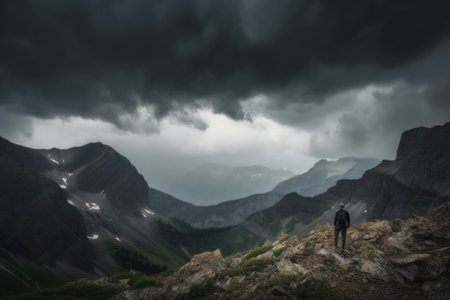 A man standing on top of a mountain under a cloudy sky. AI generative image.の素材