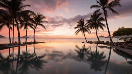 A swimming pool surrounded by palm trees at sunset. AI generative image.の素材