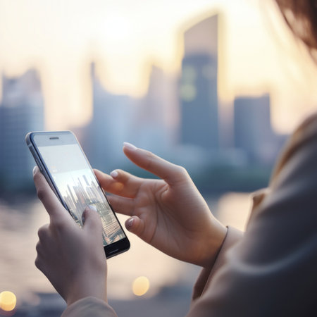 A woman holding a smart phone in her hands. AI generative image.の素材